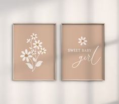 two framed wall art prints with the words sweet baby girl and daisies