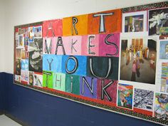 a wall with many pictures and words on it