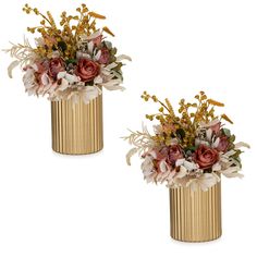 two gold vases with flowers in them