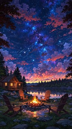 two chairs sitting in front of a campfire under a night sky filled with stars