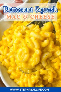 a spoon full of mac and cheese with the words butternut squash mac and cheese