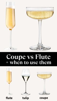 two glasses filled with champagne and the words coupe vs flute, when to use them