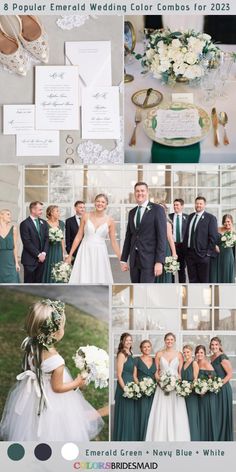 the bride and grooms are posing for pictures with their wedding party in front of them