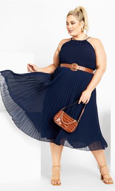 HALTER PLEAT DRESS NAVY Plus Size Halter Dress Bridesmaid, Navy Blue Plus Size Dress Casual, Plus Size Navy Cocktail Dress, Pink Dress With Navy Accessories, City Chic Navy Dress, Navy Blue Dress For Wedding Guest Plus Size, Plus Navy Dress, Midsize Outfit, Pleat Dress