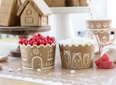 gingerbread food cups Winter Baby Birthday Party, Winter Baby Birthday, Food Cups, Cute Party Favors, Gingerbread House Party, Gingerbread House Parties, Gingerbread House Designs, Gingerbread Party