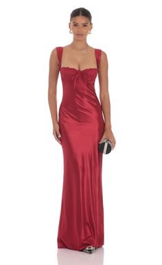 Satin Lace-Bust Dress in Red Flare Maxi Dress, Red Formal Dresses, Semi Dresses, Lucy In The Sky, Red Bridesmaid Dresses, Red Dress Maxi, Prom Dress Inspiration, Satin Prom Dress, Vestidos Prom