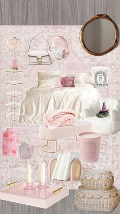 a collage of pink and white items including a bed, mirror, lamp, candle holder