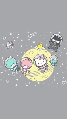 an image of hello kitty on the moon with other cartoon characters around it and stars in the background