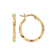 Eye-catching diamond-cut details make these 14k gold-plated hoops a sensational fashion find. Click on this JEWELRY & WATCHES GUIDE to learn about fit, styles, materials and more!Earring Details: Diameter: .75-in. Backings: click-it Metal: 14k gold-plated brass Size: One Size. Color: Yellow. Gender: female. Age Group: adult. Material: Gold Plate|Brass. Faceted Yellow Gold Hoop Jewelry, Faceted Yellow Gold Round Hoop Earrings, Faceted Yellow Gold Hoop Earrings, Yellow Gold Faceted Round Hoop Earrings, Cut Design, Diamond Cut, Design Shop, Gender Female, Diamond Cuts