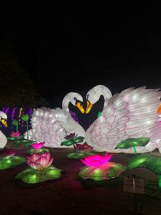 two large white swans sitting on top of lily pads in front of a dark sky