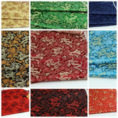 six different colors of fabric with dragon designs on them, all in various sizes and shapes