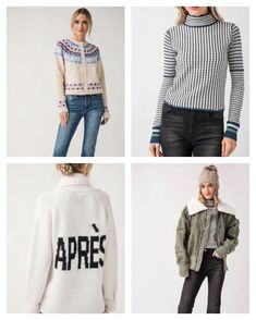 four different styles of sweaters and jackets with the words appre written on them