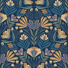 a blue and yellow floral pattern with leaves on the bottom, in shades of pink, purple