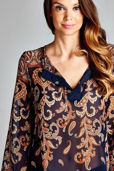 Women's Long Sleeve Paisley Print Top in Multi Colors Fall Paisley Print V-neck Blouse, Fall V-neck Blouse With Paisley Print, Brown Paisley Print Summer Tops, Summer Brown Paisley Print Tops, Trendy Boho Print Blouse For Fall, Blue Paisley Print Top For Fall, Trendy Boho Print Fall Tops, Trendy Boho Print Tops For Fall, Fall Patterned Blouse With Boho Print