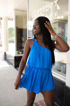 Test The Waters Dress Pleated Mini Dress, Wing Earrings, Waist Band, O Ring, Halter Dress, Royal Blue, Hot Pink