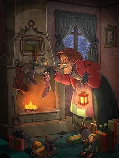 an animated image of a woman opening a fire in a fireplace with stockings hanging from it