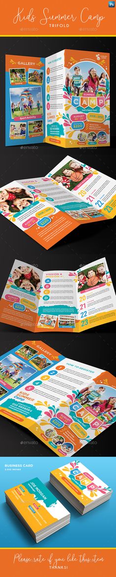 an orange and blue brochure with images of children's pictures on it