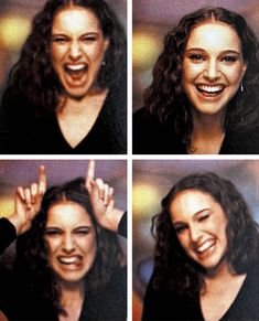 four different pictures of a woman smiling and making the peace sign with her hands in front of her face