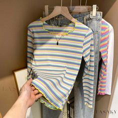 Lasaky - Cotton Striped Long Sleeve Shirt for Layering, Thin Mushroom Ear Top for Outerwear Green Bar, Striped Long Sleeve Shirt, Cheongsam, Striped Long Sleeve, Olivia Mark, Cute Fashion, Types Of Collars, Long Sleeve Shirt, Sleeve Shirt