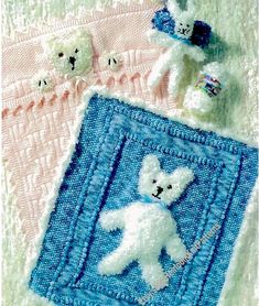 three crocheted teddy bears laying next to each other on top of a blanket