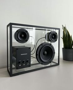 there is a speaker in the glass case next to a potted plant