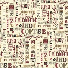 a pattern with coffee related words on it