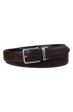 Polished hardware fastens this smooth leather belt that reverses from black to brown to double your wearing options. 1 1/4" belt width Leather/polyurethane Imported Brown Leather Belt Buckles For Work, Brown Belt Buckles For Workwear, Modern Brown Belts For Office Wear, Classic Brown Belt Buckles For Work, Modern Brown Belt Buckles For Business, Modern Brown Belt Buckle For Business, Brown Leather Belt Buckles For Office, Business Leather Belt Buckles With Removable Belt, Brown Belt With Self Belt For Workwear