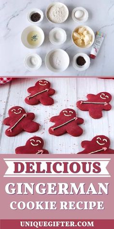 gingerman cookie recipe with ingredients on the table and in bowls behind it, including cookies