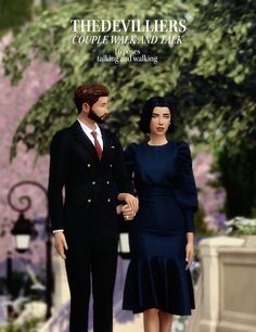 a man and woman are standing next to each other in front of a tree with purple flowers