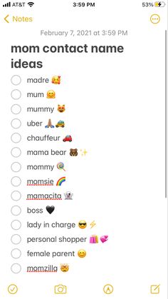 an iphone screen with the text'mom contact name ideas'and emoticions