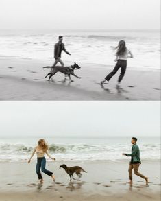 two people and a dog running on the beach