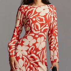 Long Sleeve, Open Back, Light Weight Red Floral Print Midi Dress For Evening, Elegant Red Floral Print Midi Dress, Red Floral Print Sheath Dress, Elegant Red Floral Print Mini Dress, Elegant Red Mini Dress With Floral Print, Elegant Orange Floral Print Mini Dress, Open Back Dress, Back Light, Open Back Dresses