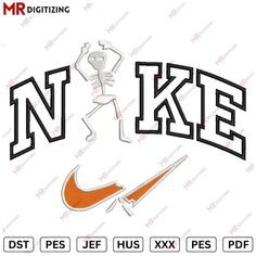 an iron - on patch with the word nike in it and a skeleton running behind it