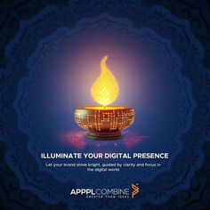 an illuminated oil lamp with the caption illuminate your digital presence let your hands shine, lighted by glowing light and focus on the digital world