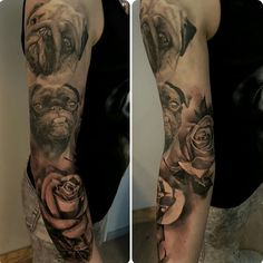 a man's arm covered in tattoos with dogs and roses on the sleeve,