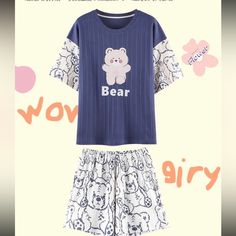 Super Cute Bear Pajama Set Comfy And Soft Cotton. Cute Blue T-shirt For Loungewear, Casual Blue Sleep Sets, Casual Blue Sets For Pajama Party, Casual Light Blue Pajama Party Sets, Light Blue Cotton Short Sleeve Sets, Blue Graphic Print Short Tops, White Cotton Sleep T-shirt, Blue Cotton Short Sleeve Sleepwear, Light Blue Short Sleeve Sleep Sets