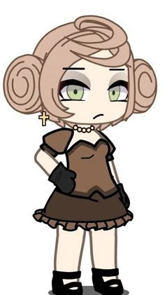 a cartoon girl with green eyes and brown dress, holding a cross in her hand