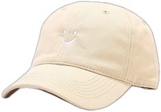 Casual Smiley Face Hat With Curved Brim, Casual Smiley Face Snapback Baseball Cap, Trendy Beige Dad Hat For Summer, Adjustable Baseball Cap With Smiley Face, Comfortable Adjustable Baseball Cap, Adjustable Cotton Hat With Smiley Face, Summer Dad Hat With Curved Visor, Adjustable Comfortable Baseball Cap, Casual Smiley Face Snapback Hat