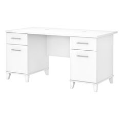 a white desk with two drawers on each side and one drawer at the top, in front of a white background