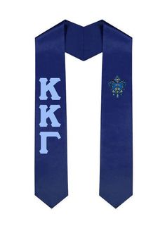 a blue tie with the letter kkl on it and a cross at the center