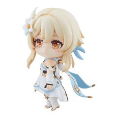 an anime figurine with blonde hair and blue eyes, holding a white flower in her hand