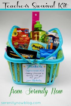 a teacher's survival kit from serenitynowblog com is packed in a blue basket