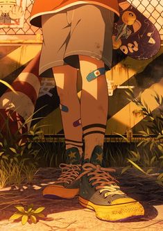 an anime character holding a skateboard standing in front of a chain link fence and grass