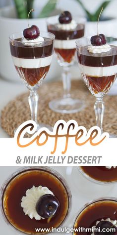 Three glasses filled with coffee and milk jelly, each topped with whipped cream and a plump cherry. Japanese Patisserie Desserts, Japanese Recipes Dessert, Vietnamese Jello, Easy Jello Desserts, Japanese Sweets Recipe, Coffee Jello Recipe, Coffee Jello, Jello Dessert