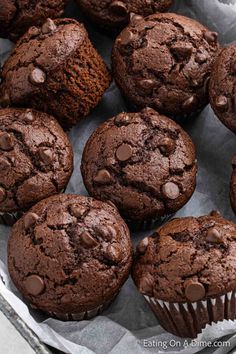 chocolate muffins with chocolate chips on top