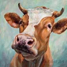 a painting of a brown cow with horns on it's head looking at the camera