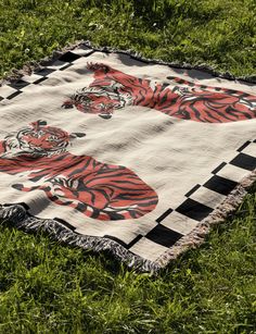 Checkered Pink Tiger Woven Blankets Pink Tiger, Woven Blankets, Woven Throw Blanket, Tiger Design, Dyeing Techniques, Woven Throw, Functional Accessories, Woven Blanket, Production Process