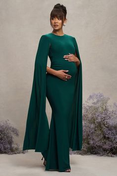 Divine Timing | Bottle Green Maternity Maxi Dress With Cape Sleeves Formal Dresses Maternity, Maternity Gala Dress, Green Baby Shower Dress For Mom, Elegant Maternity Outfits, Pregnant Dress For Wedding Guest, Cute Pregnancy Outfits Black Women, Emerald Green Maternity Dress, Maternity Dresses For Wedding Guest, Pregnant Wedding Guest Outfit