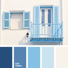 a blue and white house with shutters on the windows, painted in shades of light blue