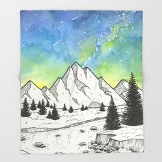 a drawing of mountains with trees and stars in the sky